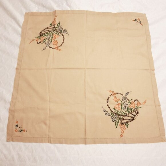 VTG  Painted Beige Tablecloth With Floral Basket Design 32" X 32" Square Cotton - Picture 8 of 9